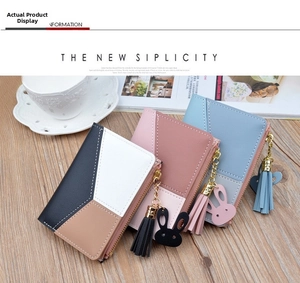 Three-color geometric contrast short zip wallets with tassel and bunny charms