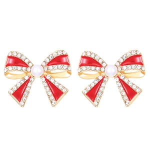Elegant red bow stud earrings with sparkling crystals and pearl on gold base
