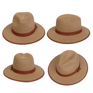 Detailed views of khaki straw fedora with brown leather belt and fine woven texture