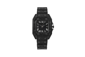 Macro view of square black crystal-encrusted watch dial with Roman numerals and date