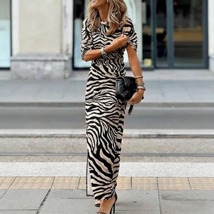 Zebra Print Maxi Dress Milk Satin Long Sleeve Ruched Side Slit Slim Fit Round Neck Elegant Streetwear For Women