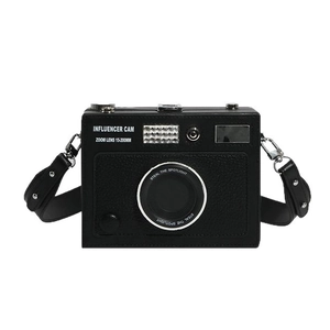 Retro camera-shaped crossbody bag in black leather with Influencer Cam printing and metal accents