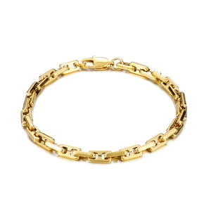 Minimalist gold link bracelet with rectangular links and lobster clasp on white background