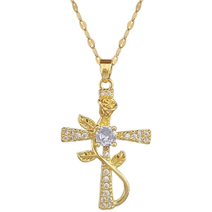 Luxury titanium steel cross necklace with rose flower and zircons on white background