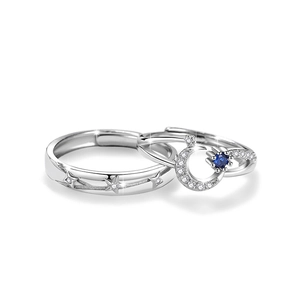 Romantic 925 sterling silver moon and star couple rings with blue zircon stone set