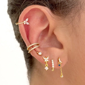 Exquisite S925 silver gold butterfly and moon tassel earring set with blue zircon