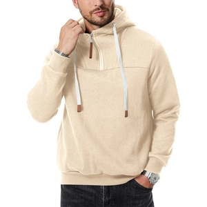Felpa da uomo beige con mezza zip, cappuccio con coulisse e polsini a costine per autunno