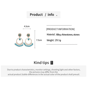 Detailed dimensions of bohemian tassel earrings with blue stones and crystal accents