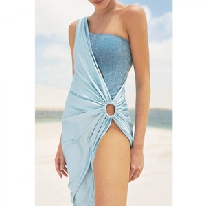 Women's French Vintage One-Shoulder Cut-Out One-Piece Swimsuit Glitter Polyester Beachwear Set With Wrap Skirt Top And Bottom