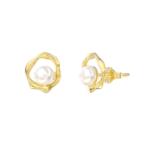 Elegant S925 sterling silver Mobius stud earrings with white freshwater pearls and gold trim