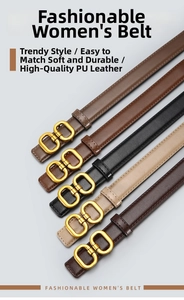 Detail view of five colors of PU leather belts with golden double ring oval buckles