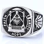Vintage silver signet ring featuring Masonic compass symbol and engraved virtues