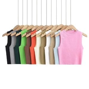 Detailed close-up showing a wide range of available colors for the sleeveless knit crop top