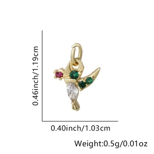 Detail view of a gold hummingbird pendant with dimensions 1.19cm height and 1.03cm width
