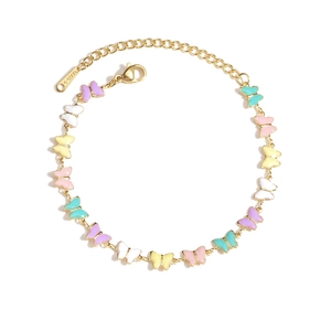 18K gold plated stainless steel bracelet featuring colorful enamel butterfly pendants