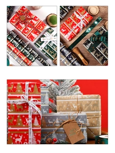Close-up of festive Christmas wrapping paper rolls with ribbons and reindeer patterns