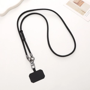 Durable black PU leather phone lanyard with heavy-duty metal clasp and attachment pad