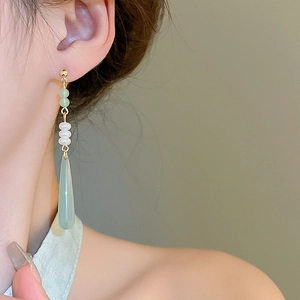 Elegant Neo-Chinese resin drop pearl earrings with light green beads for women