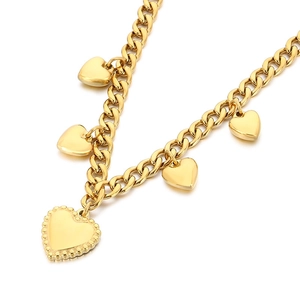 Golden titanium steel necklace featuring five heart charms on a sleek chain link