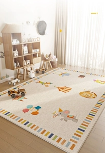 Detail of circus themed children rug in crystal velvet with lion and elephant patterns