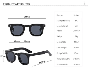 Detailed size specifications and dimensions for unisex PC frame square sunglasses