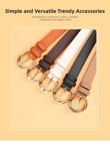 Detail view of five stylish PU leather belts with golden buckles in multiple colors
