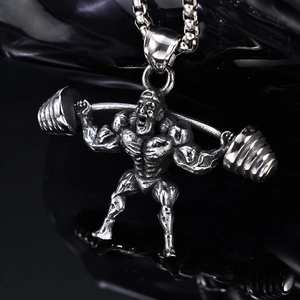 Silver barbell weightlifting pendant necklace for men made of durable stainless steel
