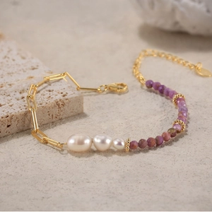 Natural freshwater pearl and purple lepidolite stone 925 silver gold paperclip bracelet