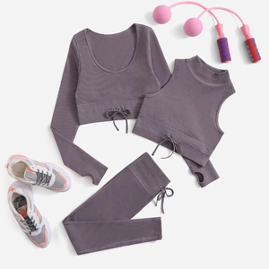 Women's Ribbed Knitted Yoga Athletic Outfit Top And Bottom Long Sleeve High Waist Leggings Sports Bra Mauve Black Ivory Dark Gray