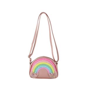 Pink macaron rainbow crossbody bag for kids with glitter heart pockets and adjustable strap