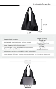 Size comparison of a minimalist tote bag and tablet showing 37cm width and 24cm height