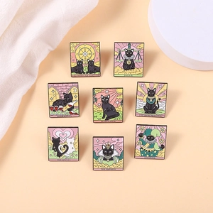 Set of 8 tarot cat enamel pins featuring wheel of fortune, justice, and occult symbols