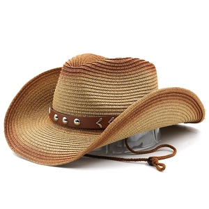 Brown gradient western cowboy straw hat with studded leather band and chin strap