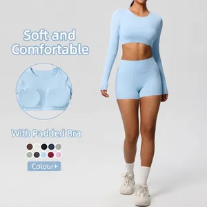Women Professional High Elastic Yoga Top And Bottom Long Sleeve Built In Pads Crop Top High Waist Lifting Shorts Gym Suit
