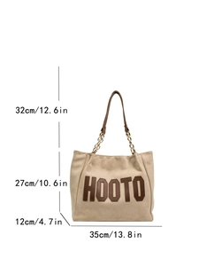 Large beige tote bag with HOOTO letter patch and chain shoulder straps, 35cm wide