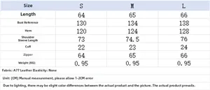 Detailed size chart for women PU leather jacket including length bust and sleeve info