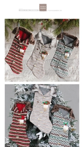 Detailed close-up of three knitted Christmas stockings with gnome dolls and plush cuffs