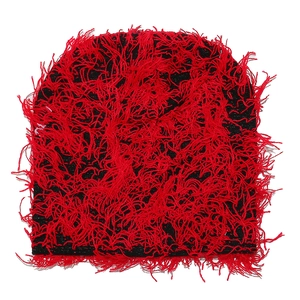 Streetwear distressed red and black knitted balaclava beanie with fringe texture