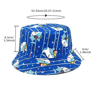 Kids blue shark print bucket hat with detailed size measurements for outdoor sun protection