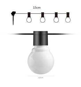 Solar LED garden light string detail showing 5cm bulb diameter and 15cm spacing