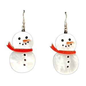 Cute pearlescent snowman earrings with orange glitter scarf and silver metal hooks