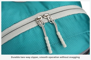 Detail of durable two-way zipper and tear-resistant nylon fabric on cycling backpack