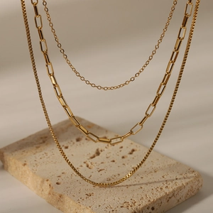Women Triple Layer Necklace 18K Gold Plated Stainless Steel Multi Strand Ins Fashion Geometric Minimalist Jewelry