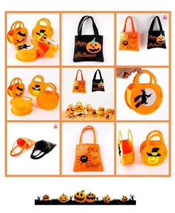 Collage of Halloween felt gift bags with pumpkin, witch and bat designs for kids