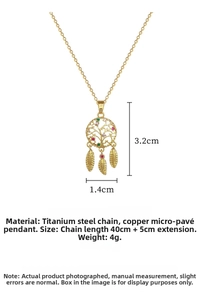 Detailed view of colorful dreamcatcher necklace with dimensions and zircon pendant