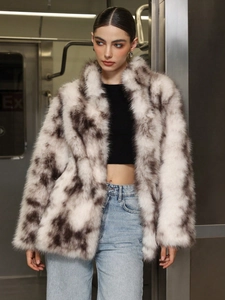 Women Faux Fur Polyester Coat Spotted Pattern Stand Collar Thickened Warm Loose Plush Jacket Casual Winter Outerwear