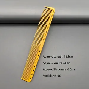 Detailed view of yellow hair cutting comb model AH-06 with measurements 18.8x2.8x0.6 cm