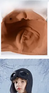 Detailed view of warm fleece lining and pilot aviator hat with goggles on child