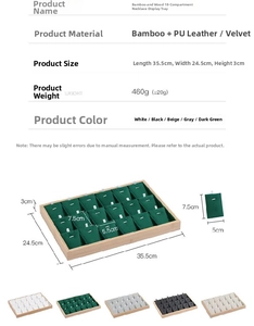 Detailed size chart for 18-grid bamboo jewelry tray with PU leather and velvet options