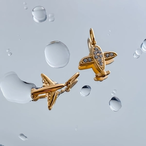Gold plated stainless steel airplane charm with clear rhinestones for DIY jewelry crafts